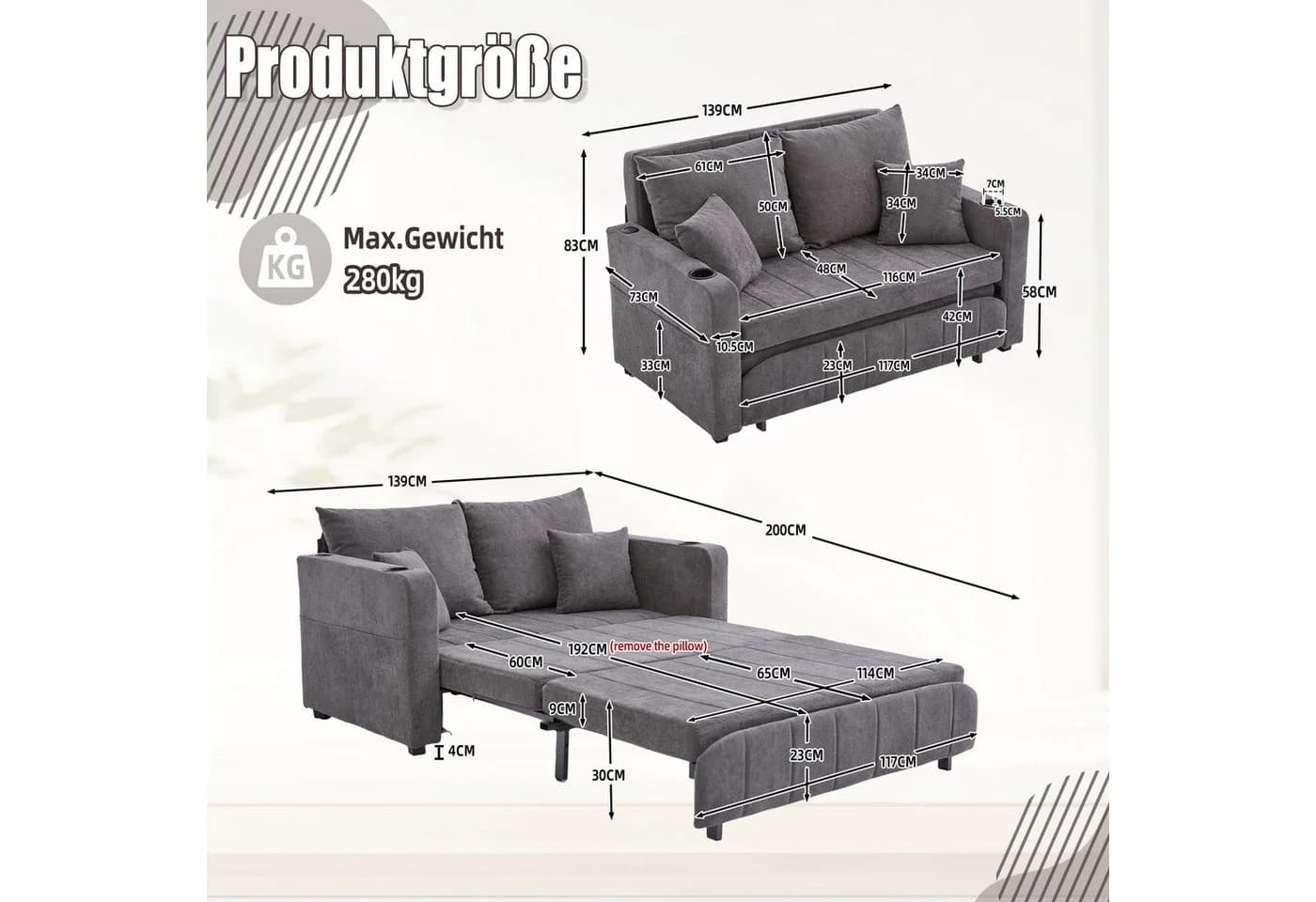 TavilaEcon Schlafsofa mit USB-Ladefunktion und Stauraum Grau - Bild 4