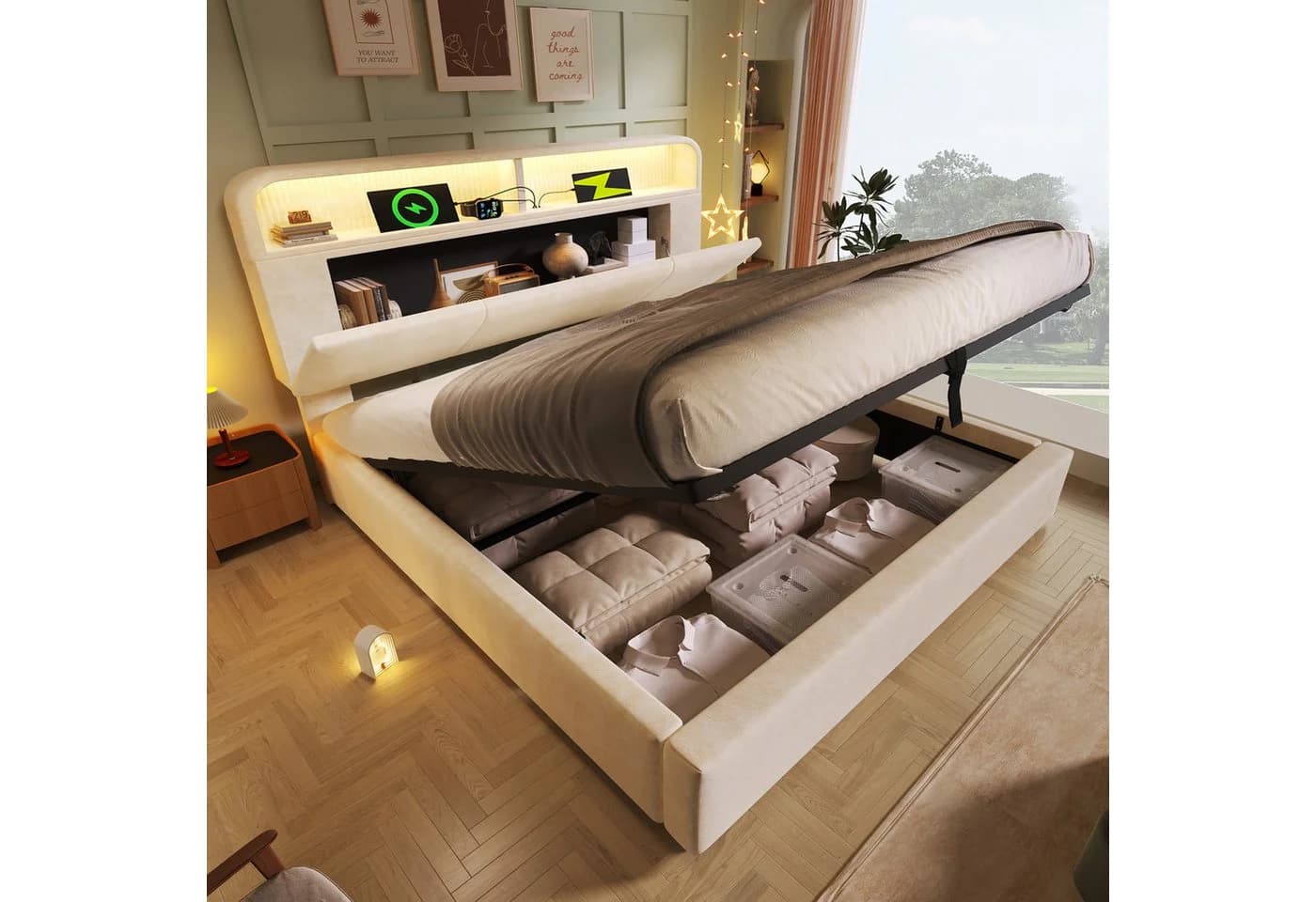 TavilaEcon Polsterbett Höhenverstellbares Bett mit LED-Beleuchtung, USB-Ladestation, 180x200cm, beige - Bild 2