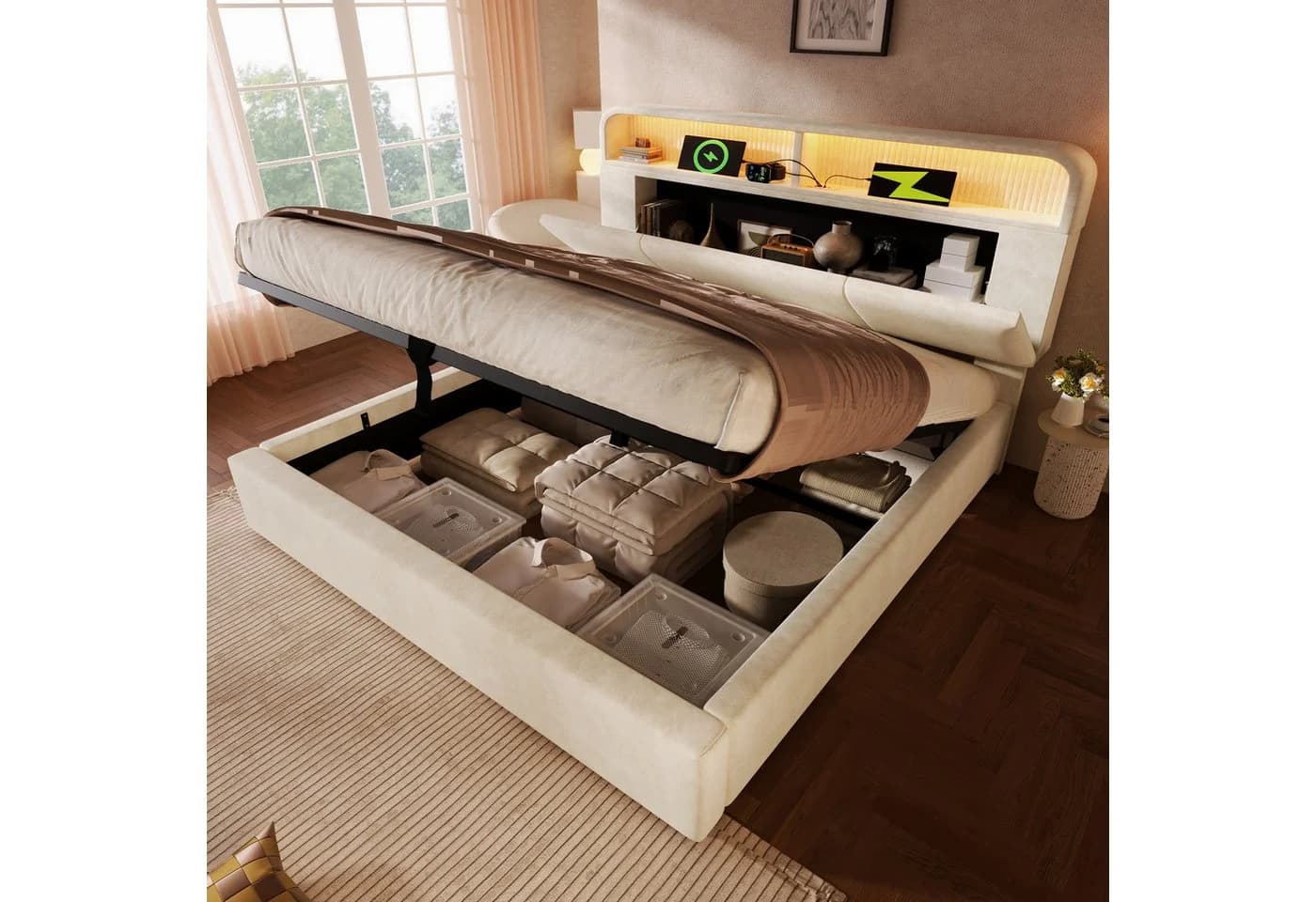 TavilaEcon Polsterbett Höhenverstellbares Bett mit LED-Beleuchtung, USB-Ladestation, 180x200cm, beige - Bild 3