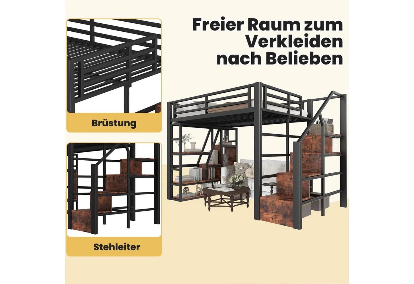 TavilaEcon Hochbett Stahlrahmen 140x200cm Schwarz - Bild 5