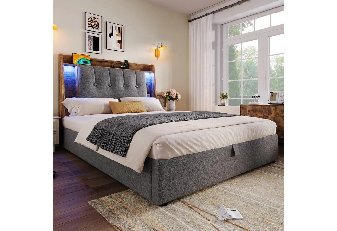 TavilaEcon Boxspringbett Polsterbett mit LED-Lichtleiste 90x200cm Beige