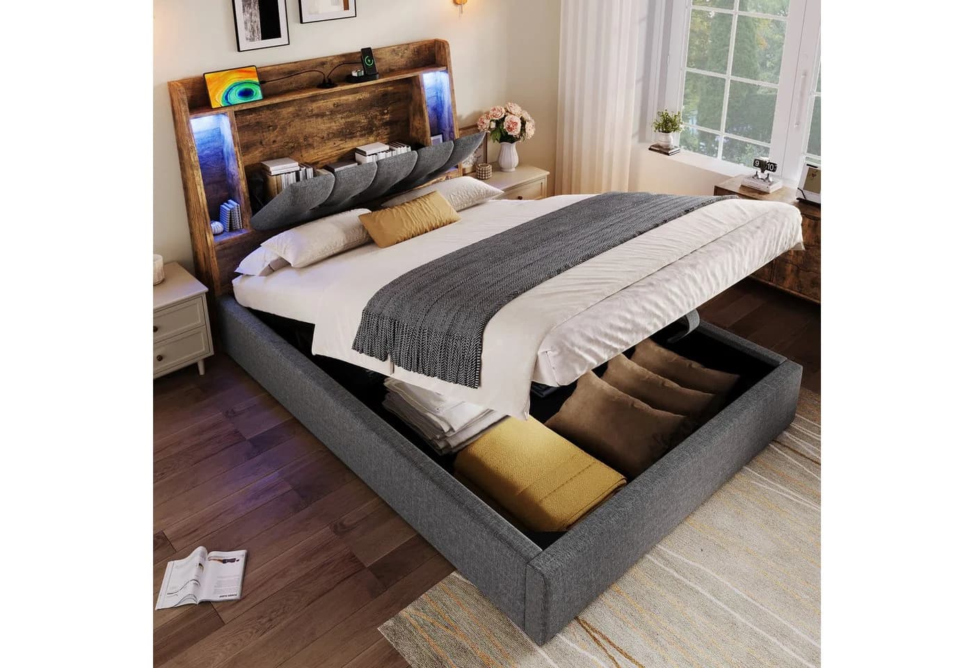 TavilaEcon Boxspringbett Polsterbett mit LED-Lichtleiste 90x200cm Beige - Bild 2