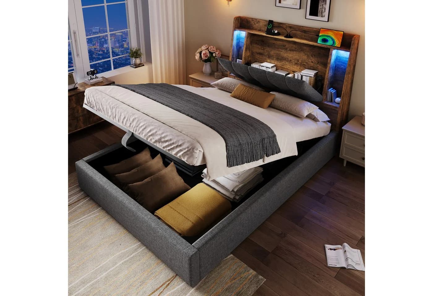TavilaEcon Boxspringbett Polsterbett mit LED-Lichtleiste 90x200cm Beige - Bild 3