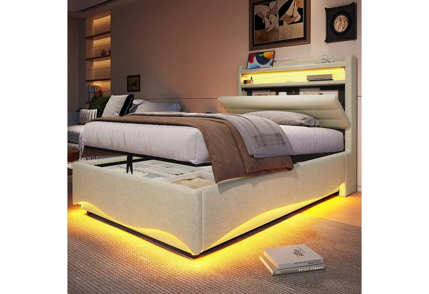 TavilaEcon Boxspringbett Polsterbett LED-Beleuchtung Hydraulikmechanismus USB Typ-C 90x200cm Beige - Bild 2