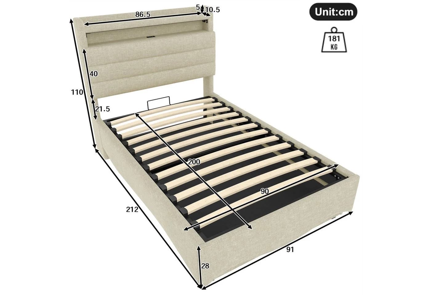 TavilaEcon Boxspringbett Polsterbett LED-Beleuchtung Hydraulikmechanismus USB Typ-C 90x200cm Beige - Bild 4