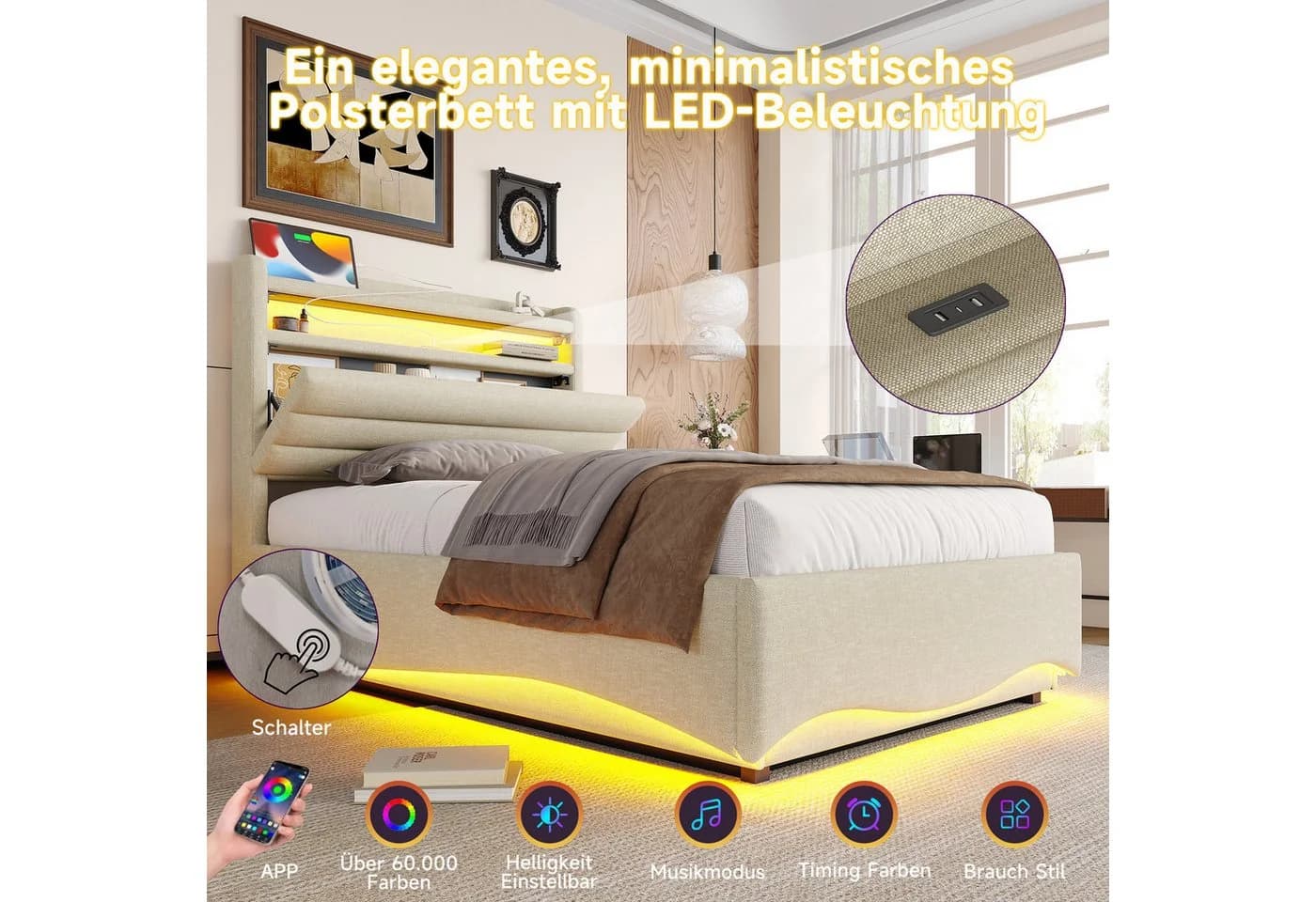 TavilaEcon Boxspringbett Polsterbett LED-Beleuchtung Hydraulikmechanismus USB Typ-C 90x200cm Beige - Bild 5