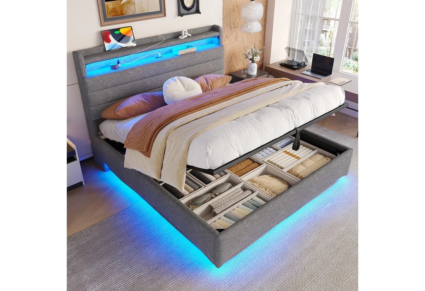 TavilaEcon Boxspringbett Polsterbett mit LED-Beleuchtung und Hydraulikmechanismus, USB- und Typ-C-Anschlüsse, 140x200cm, grau - Bild 3
