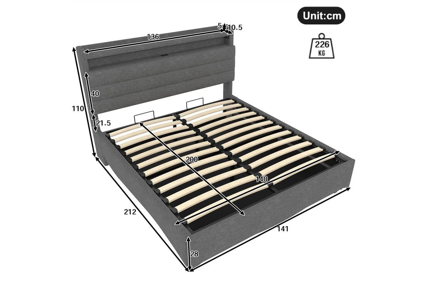 TavilaEcon Boxspringbett Polsterbett mit LED-Beleuchtung und Hydraulikmechanismus, USB- und Typ-C-Anschlüsse, 140x200cm, grau - Bild 4