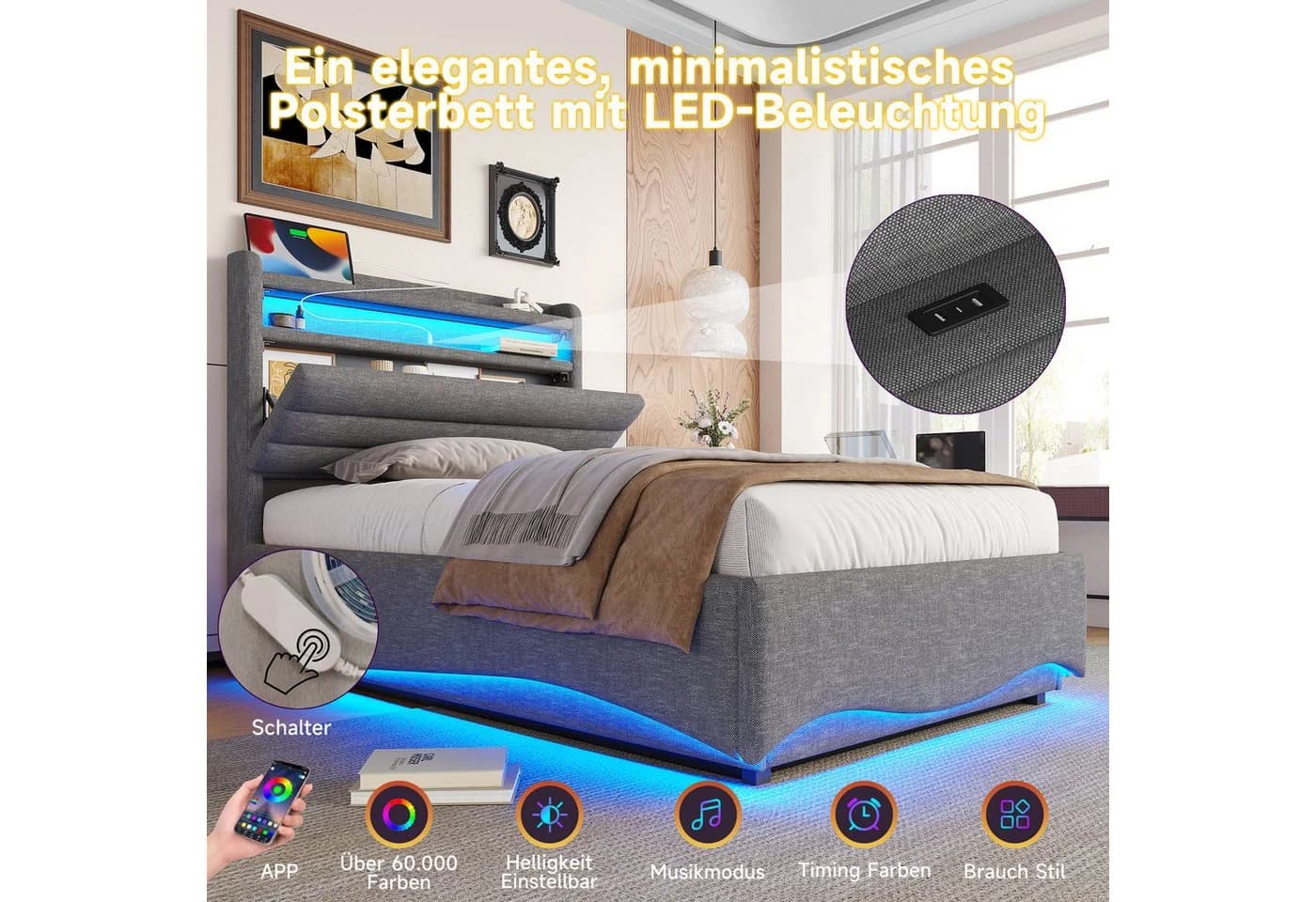 TavilaEcon Boxspringbett Polsterbett mit LED-Beleuchtung und Hydraulikmechanismus, USB- und Typ-C-Anschlüsse, 140x200cm, grau - Bild 5