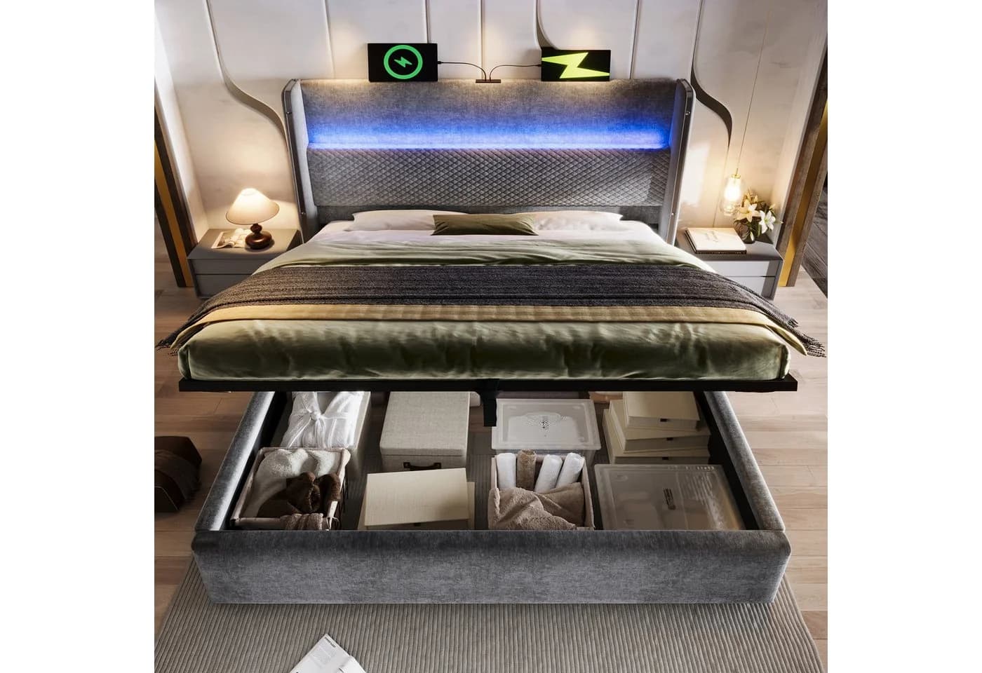 TavilaEcon Boxspringbett Modernes hydraulisches Bett 140x200cm Beige/Grau