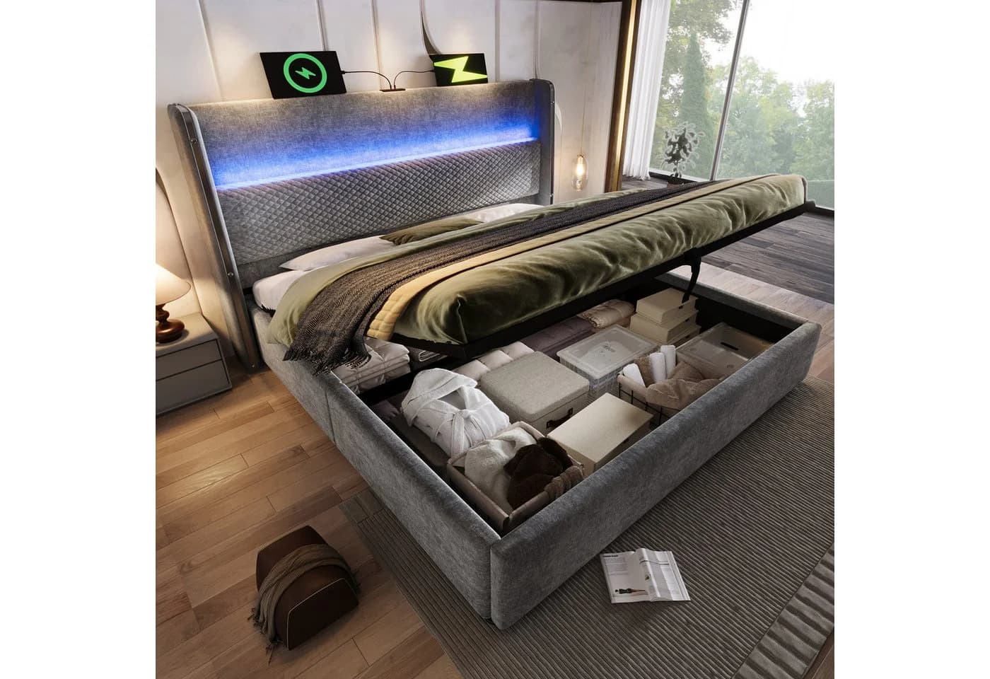 TavilaEcon Boxspringbett Modernes hydraulisches Bett 140x200cm Beige/Grau - Bild 2