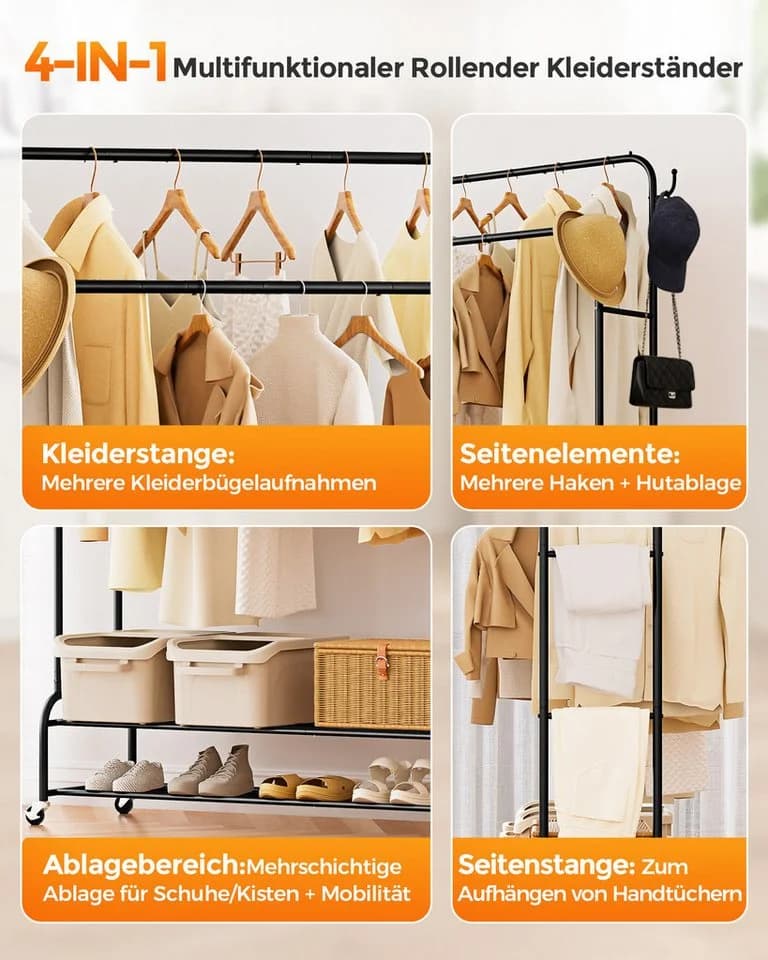 Oak&Tea Kleiderständer Freistehend mit Doppelten Kleiderstangen, Rollen, Ablagefach - Bild 4