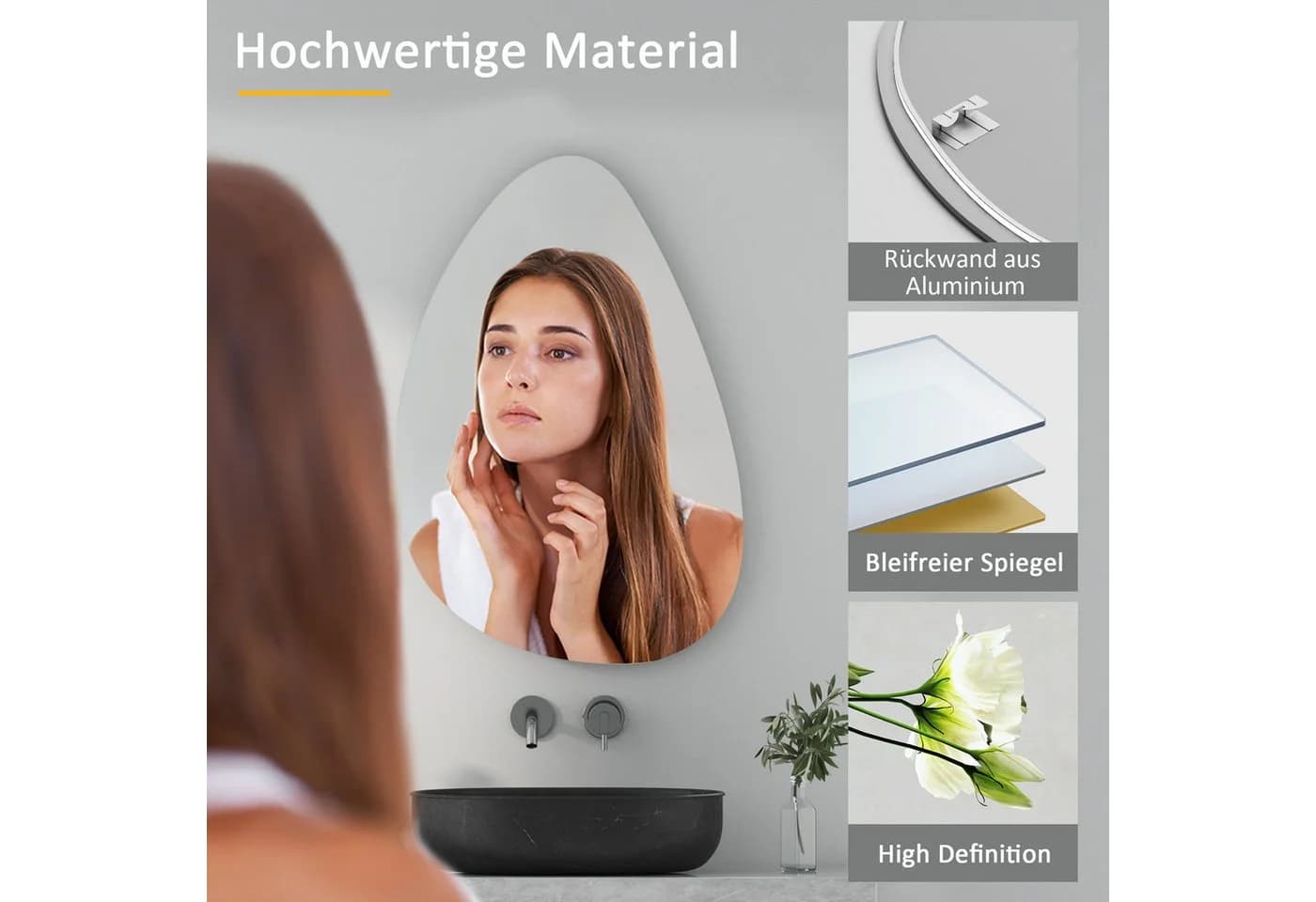 Boromal Asymmetrischer Badspiegel Wassertropfen 5mm HD Glas Rahmenlos