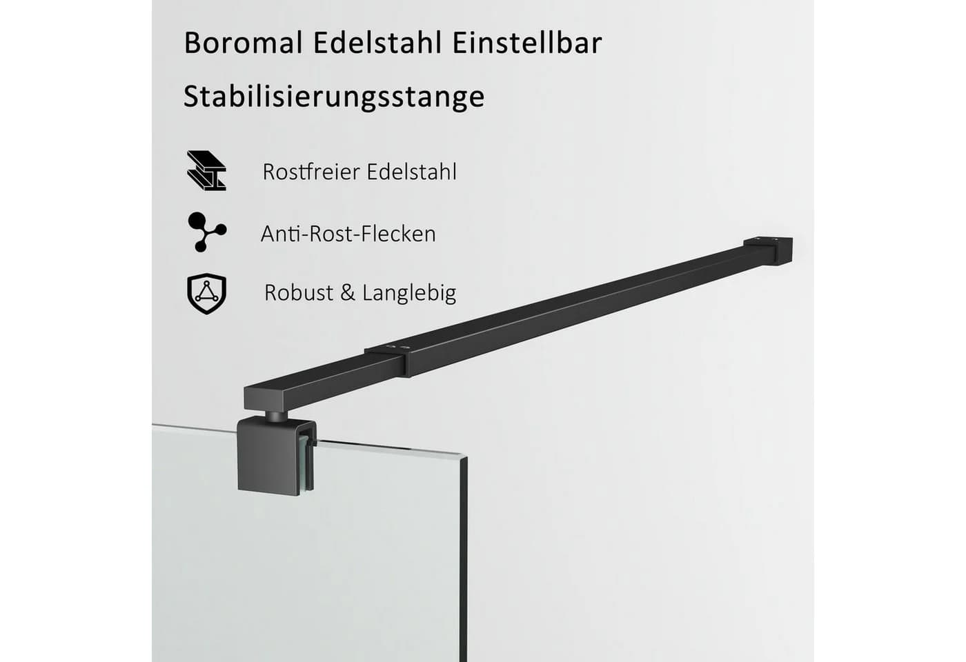 Boromal Duschwand-Stabilisationsstange Haltestange 8-10mm Schwarz