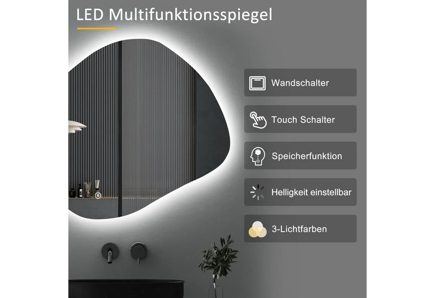 WDWRITTI LED Badspiegel mit Beleuchtung, HD-Glas, Dimmbar, IP44 - Bild 3