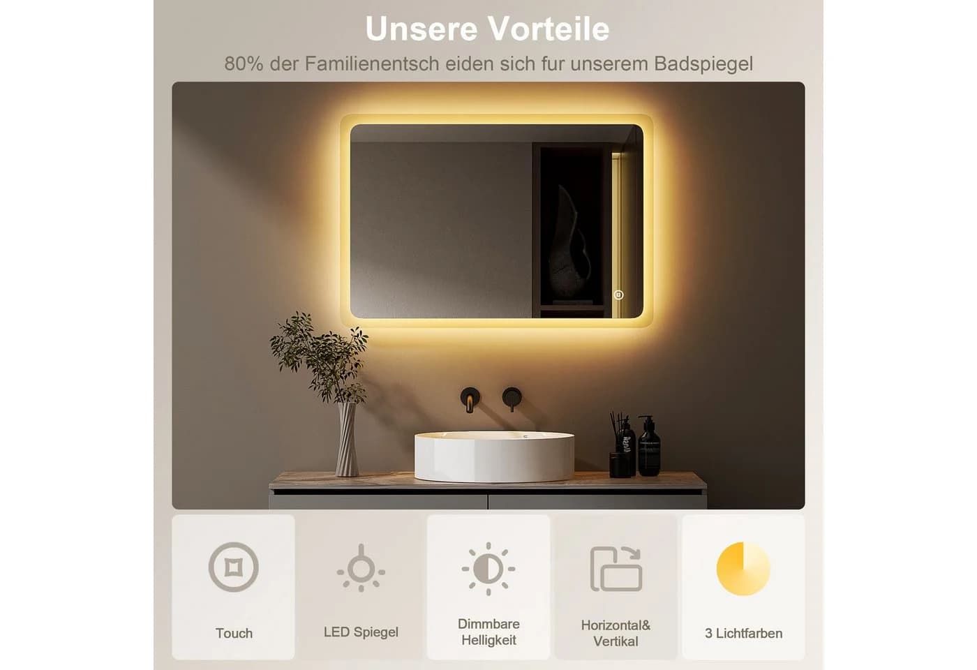 WDWRITTI Badezimmerspiegel LED Touch 3000K/4000K/6500K IP44 - Bild 4