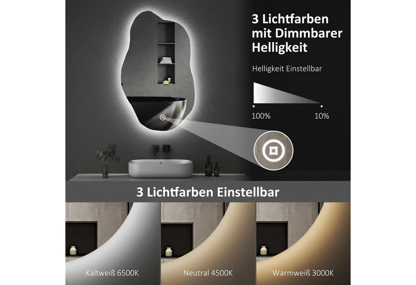 WDWRITTI Badspiegel mit LED-Beleuchtung, dimmbar, 3 Lichtfarben, IP44 - Bild 3
