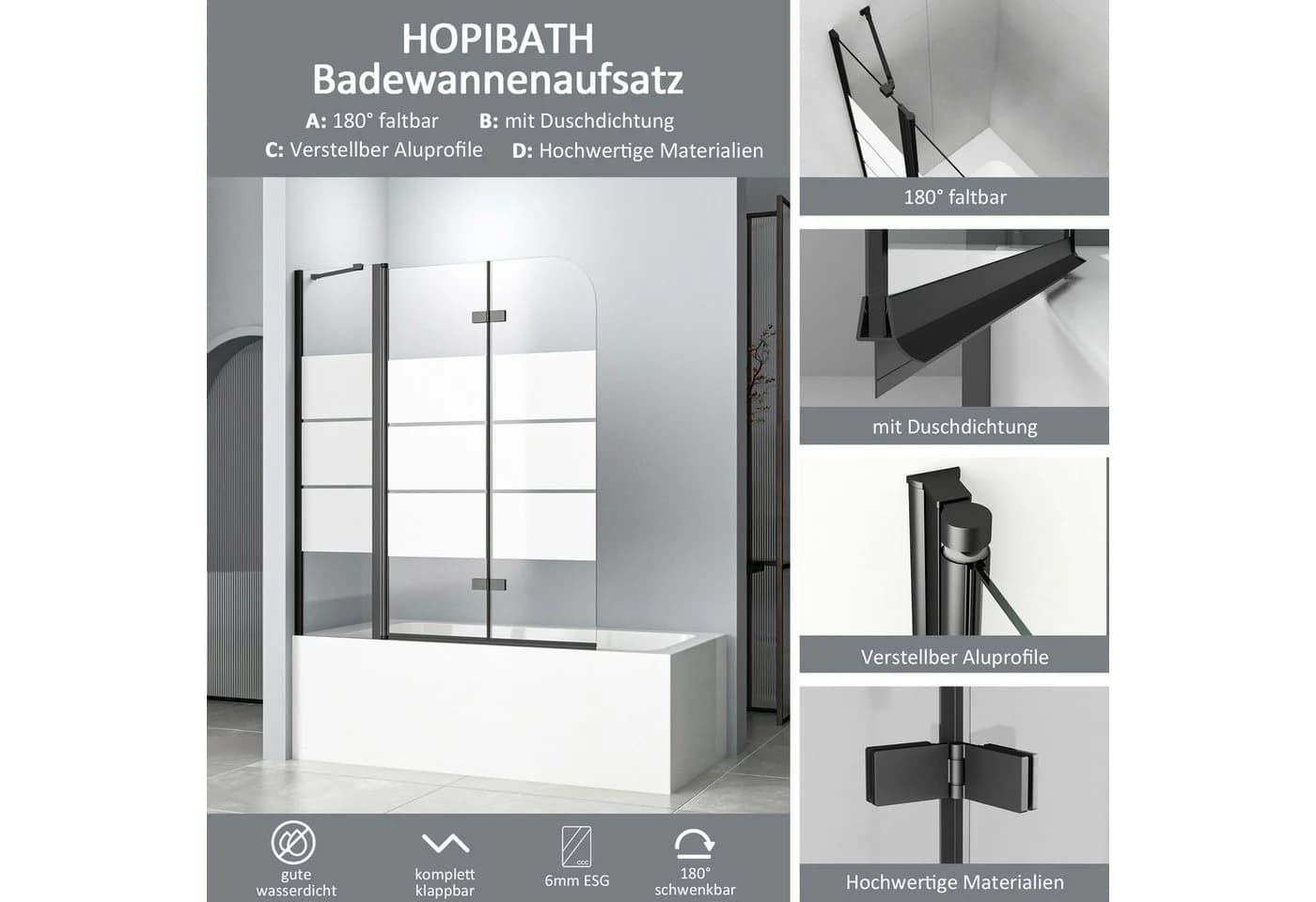 Hopibath Badewannenfaltwand Schwarz 6mm ESG Glas 180° Faltwand - Bild 3