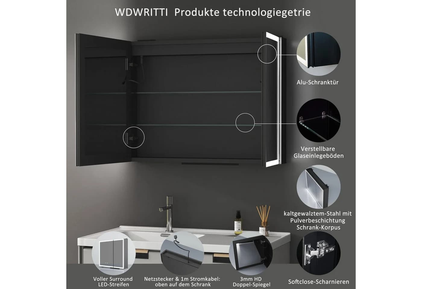 WDWRITTI Badezimmerspiegelschrank 80cm Aluminium Schwarz Matt LED - Bild 4