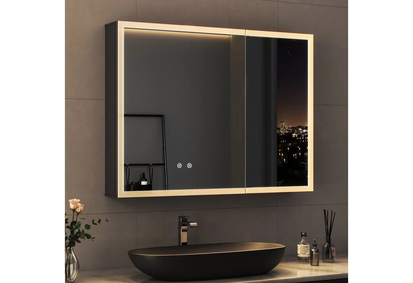WDWRITTI Badezimmerspiegelschrank LED Spiegelschrank Schwarz Aluminium 80x12,5x60cm - Bild 2