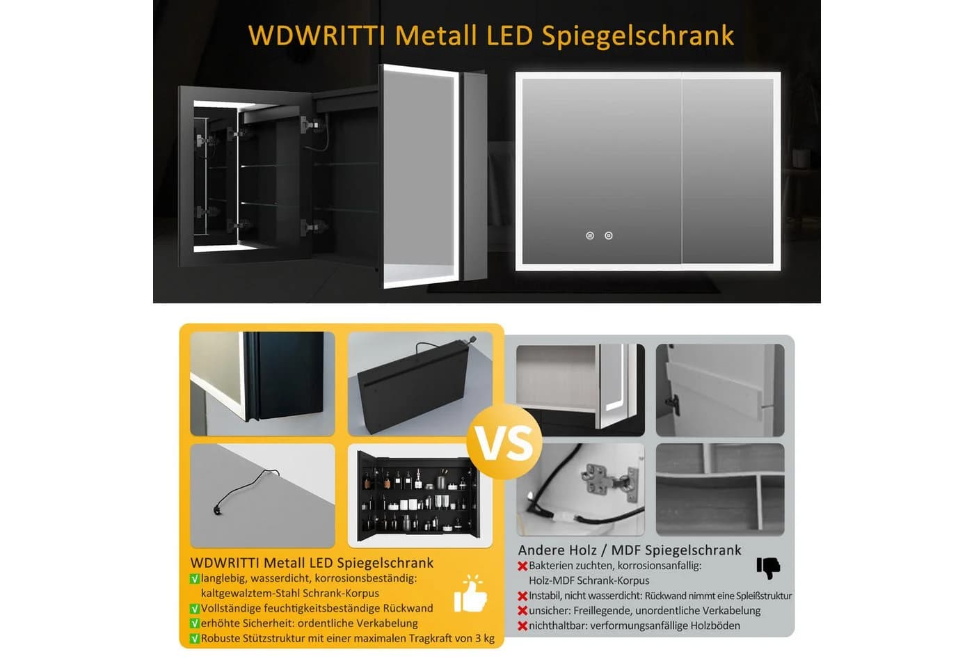 WDWRITTI Badezimmerspiegelschrank LED Spiegelschrank Schwarz Aluminium 80x12,5x60cm - Bild 3