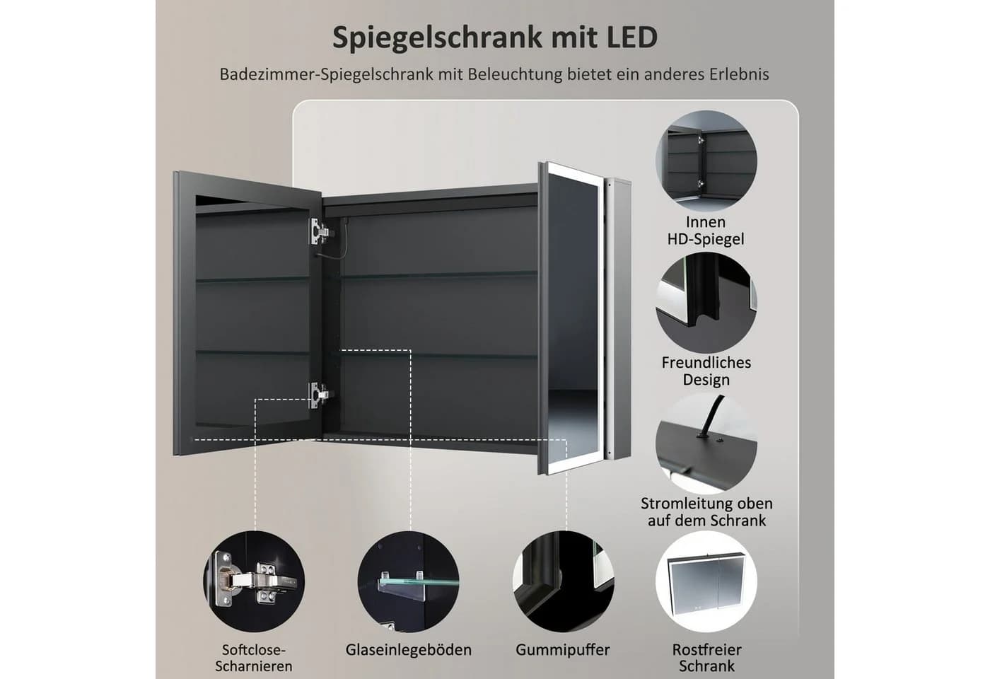 WDWRITTI Badezimmerspiegelschrank LED Spiegelschrank Schwarz Aluminium 80x12,5x60cm - Bild 4