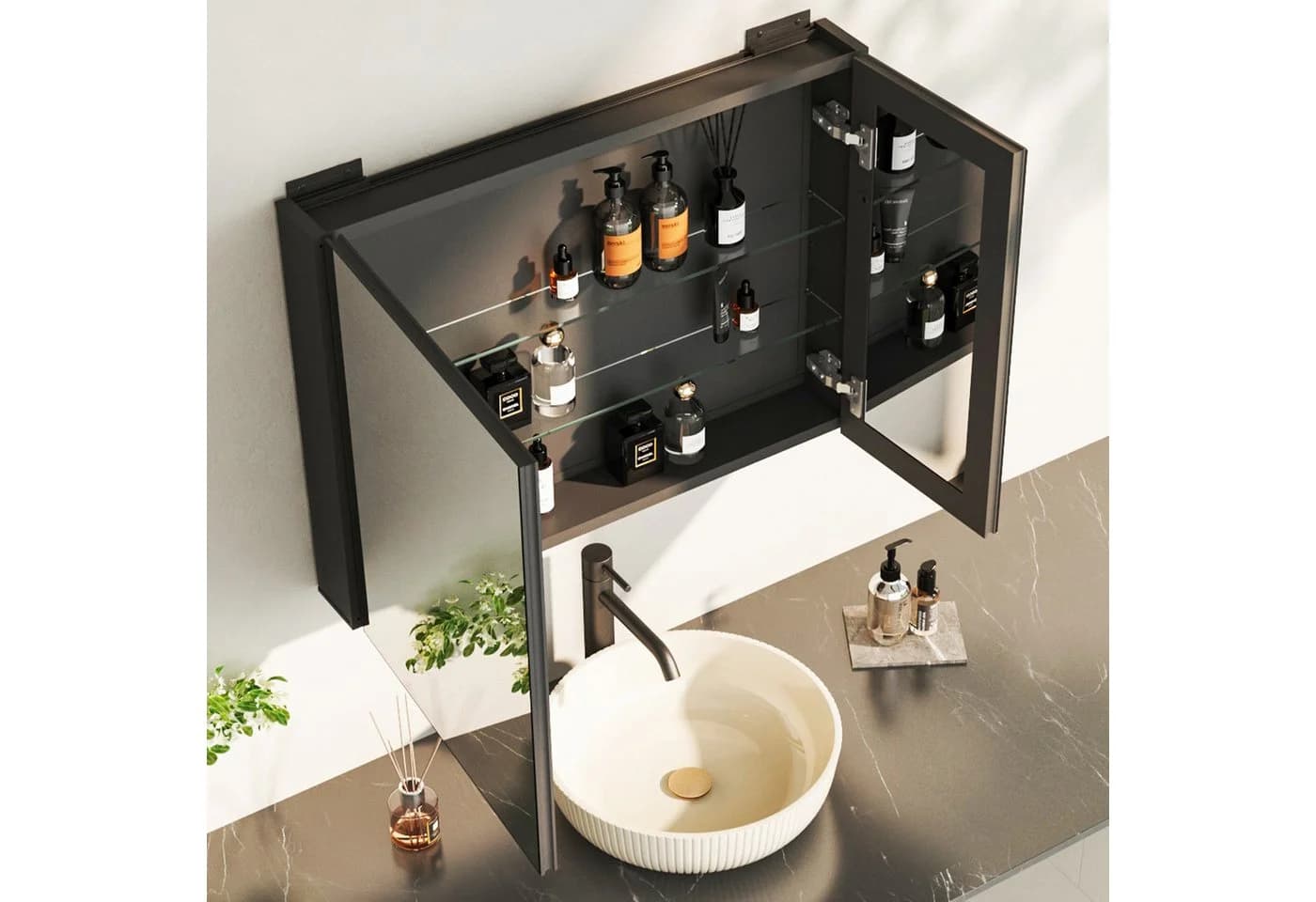 Hopibath Spiegelschrank 80 cm Schwarz Aluminium Doppelseitiger Spiegel