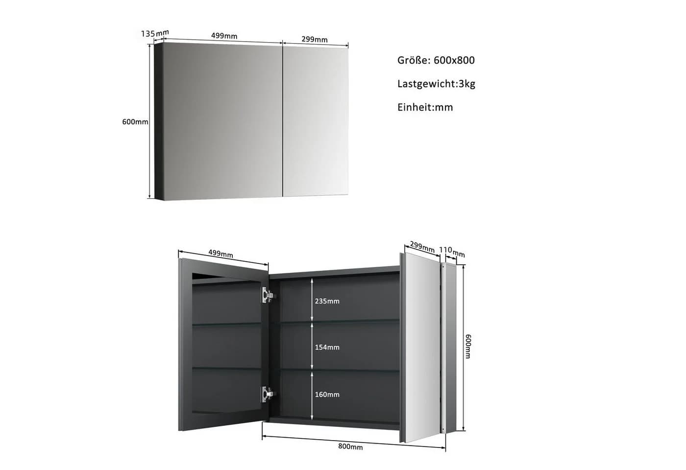Hopibath Spiegelschrank 80 cm Schwarz Aluminium Doppelseitiger Spiegel - Bild 4