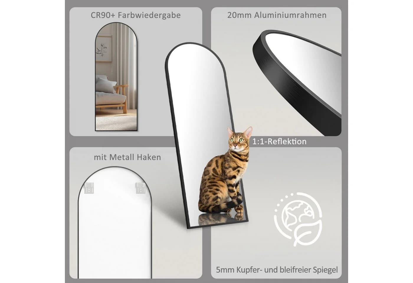 Ganzkörperspiegel in Schwarz, Rundbogen-Design