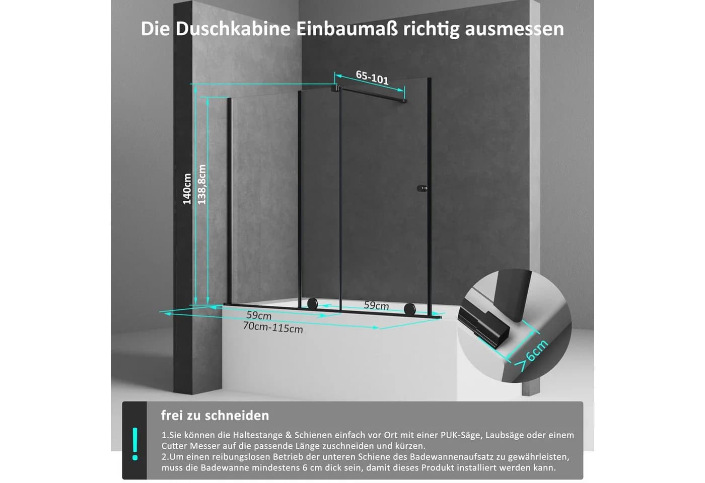 Boromal Badewannenaufsatz Schiebetür Duschtrennwand Glas Schwarz 70-125cm - Bild 4