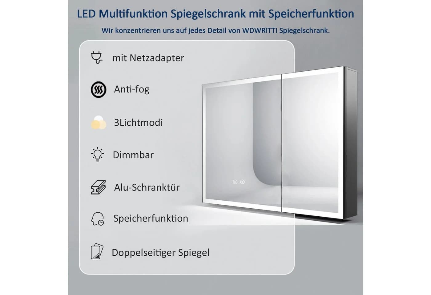 WDWRITTI Spiegelschrank Bad mit LED-Beleuchtung 80x60 cm Schwarz Matt - Bild 1