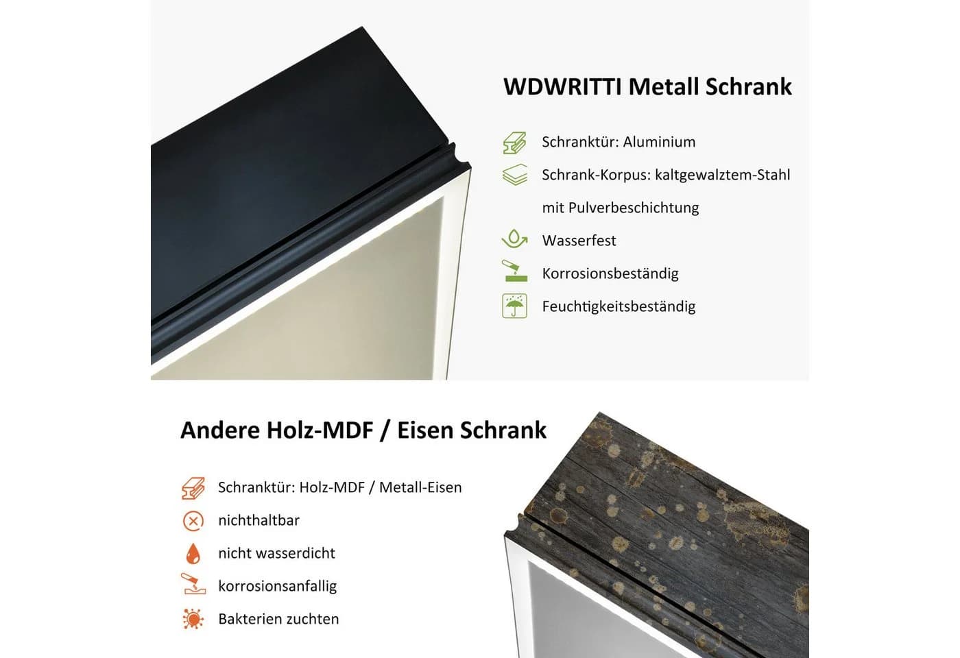 WDWRITTI Spiegelschrank Bad mit LED-Beleuchtung 80x60 cm Schwarz Matt - Bild 3