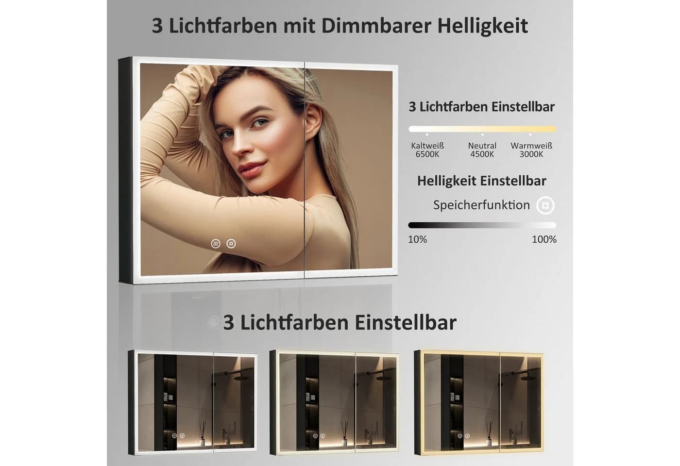 WDWRITTI Spiegelschrank Bad mit LED-Beleuchtung 80x60 cm Schwarz Matt - Bild 4