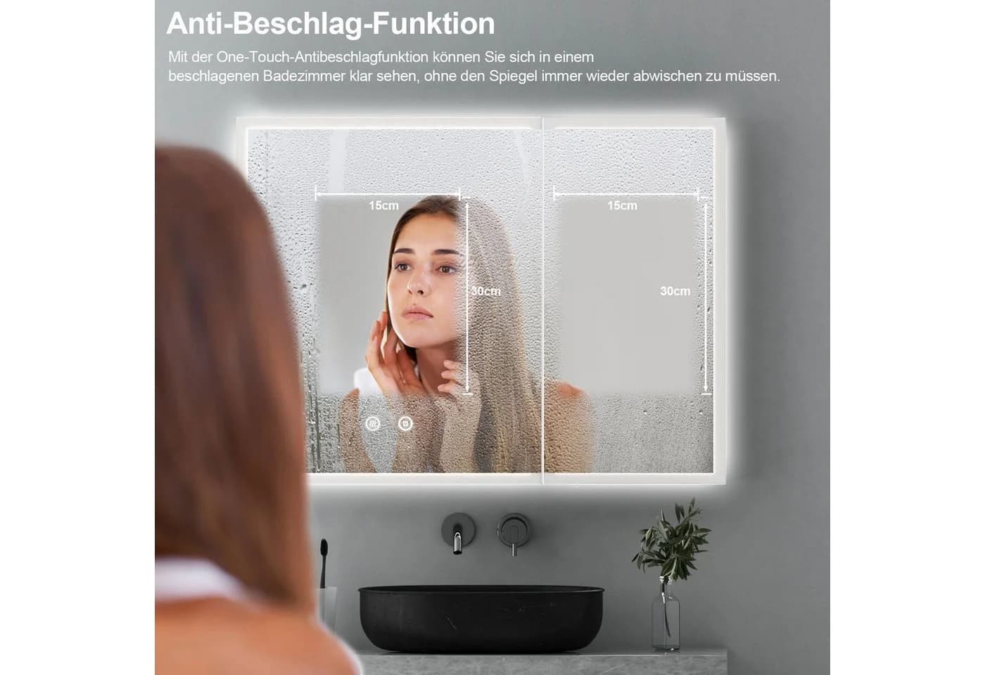 WDWRITTI Spiegelschrank Bad mit LED-Beleuchtung 80x60 cm Schwarz Matt - Bild 5