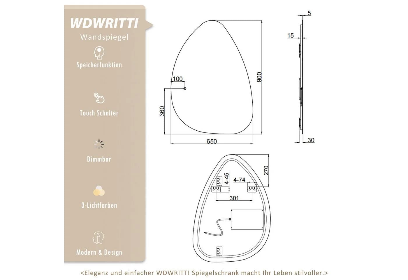 WDWRITTI LED Badspiegel 65x90cm Rahmenlos 3 Lichtfarben Dimmbar - Bild 3