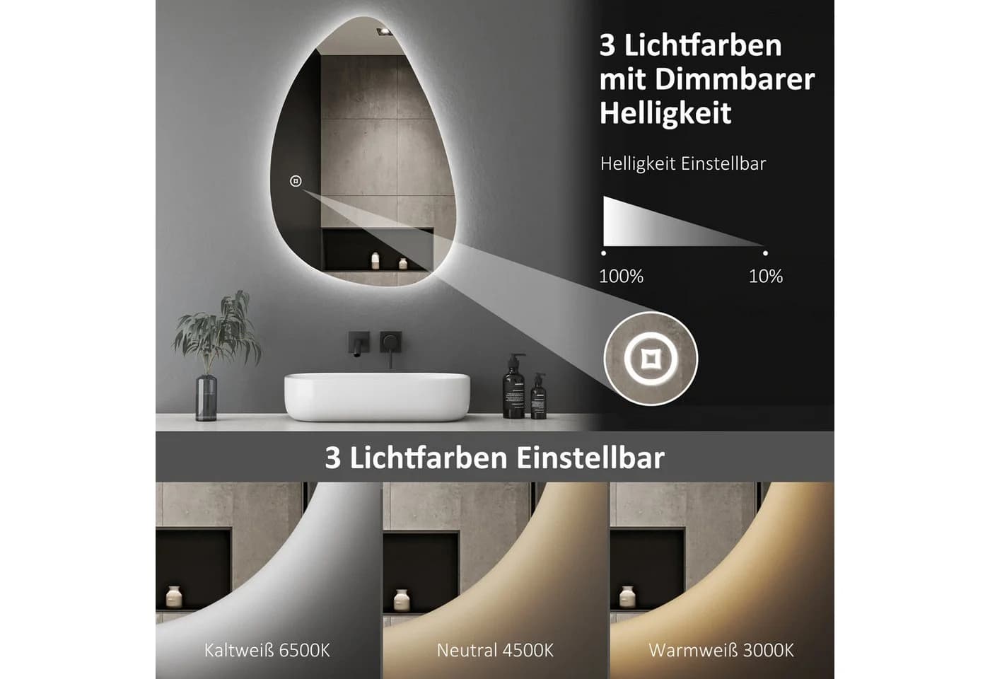 WDWRITTI LED Badspiegel 65x90cm Rahmenlos 3 Lichtfarben Dimmbar - Bild 5