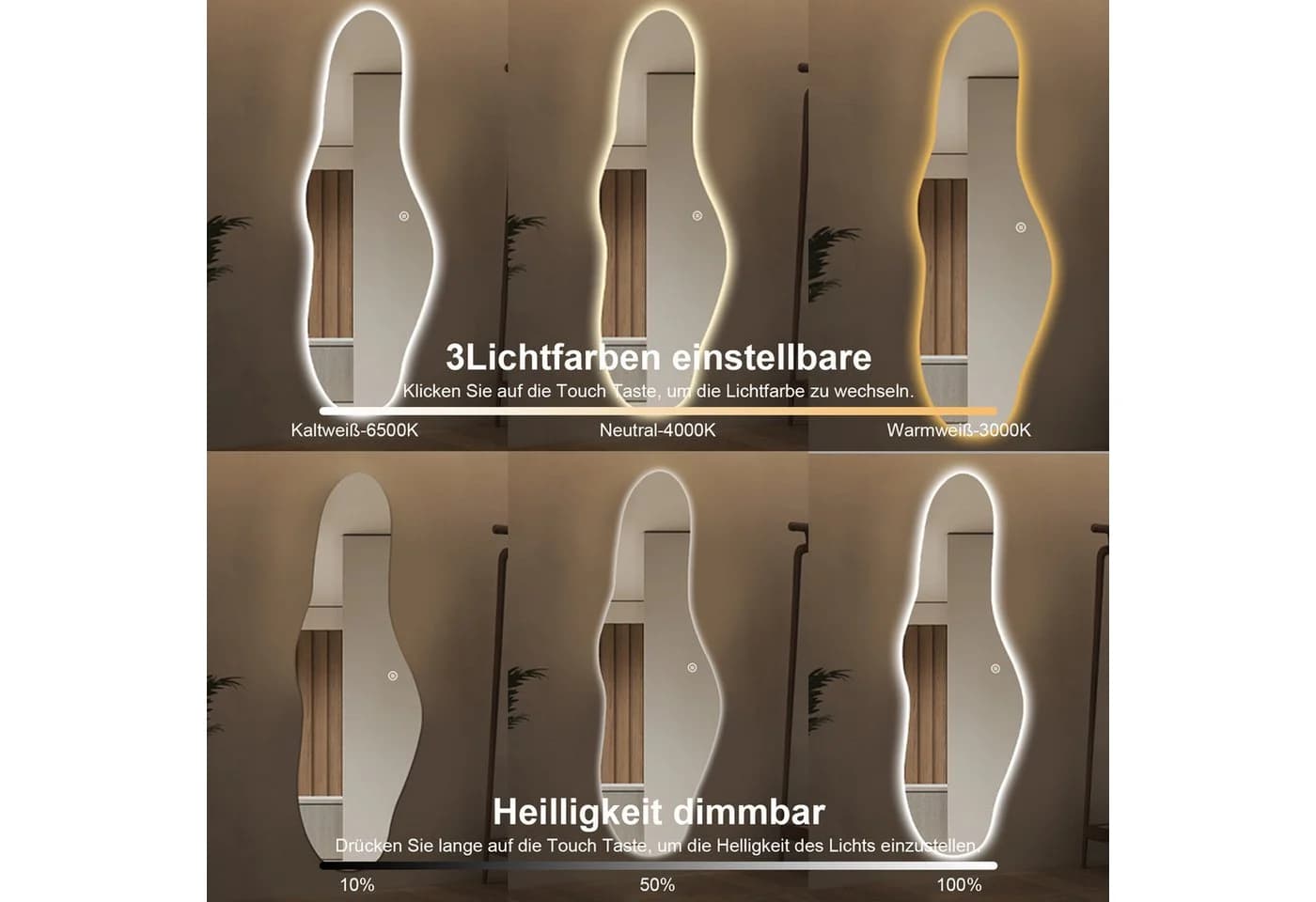 WDWRITTI LED Ganzkörperspiegel 165x60 cm Rahmenlos Dimmbar 3 Lichtfarben