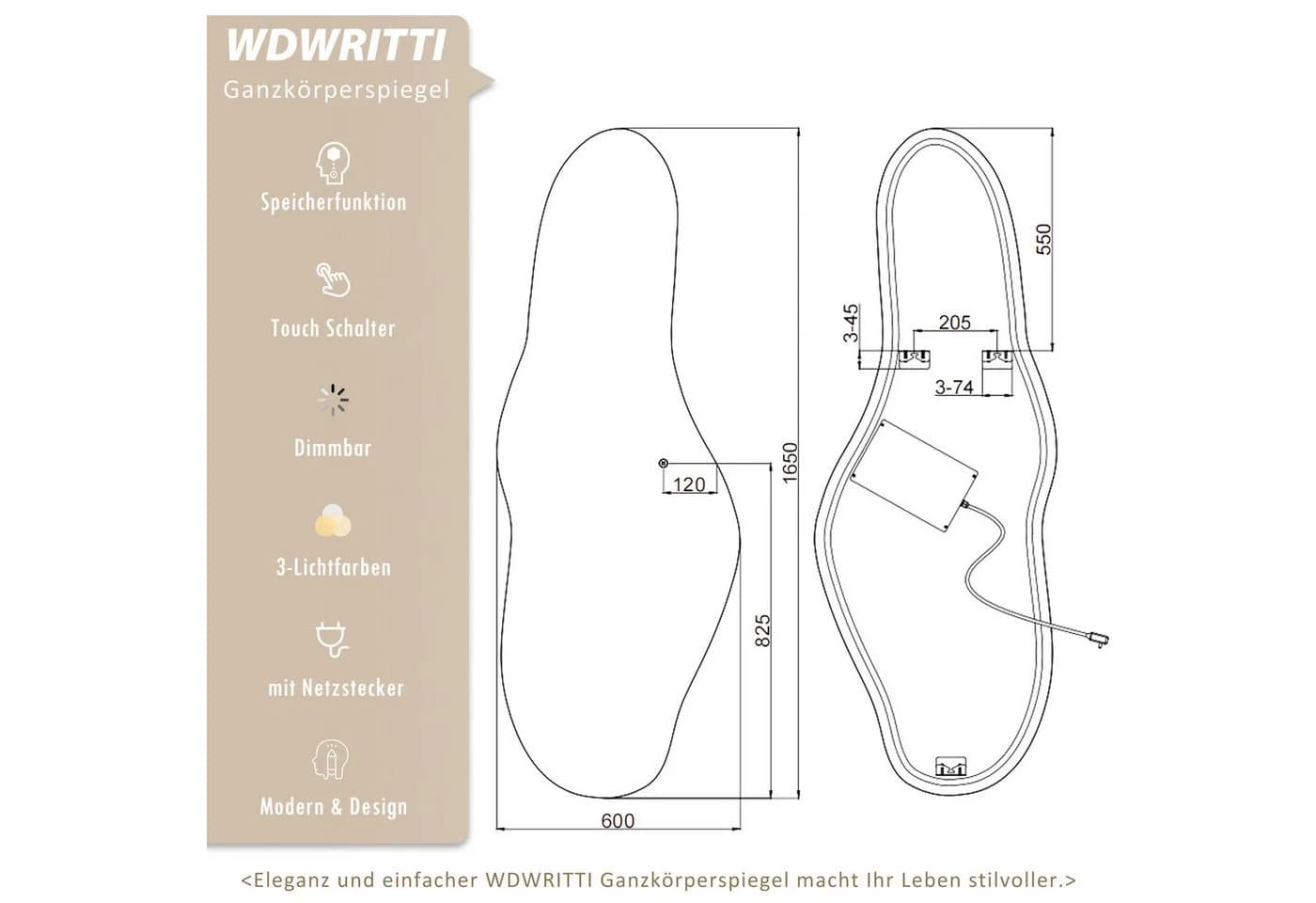 WDWRITTI LED Ganzkörperspiegel 165x60 cm Rahmenlos Dimmbar 3 Lichtfarben - Bild 4