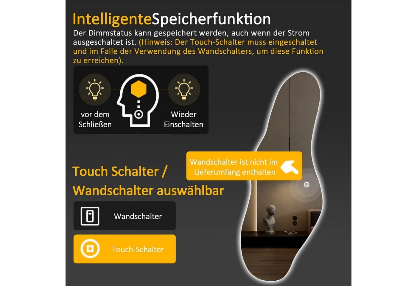 WDWRITTI LED Ganzkörperspiegel 165x60 cm Rahmenlos Dimmbar 3 Lichtfarben - Bild 5