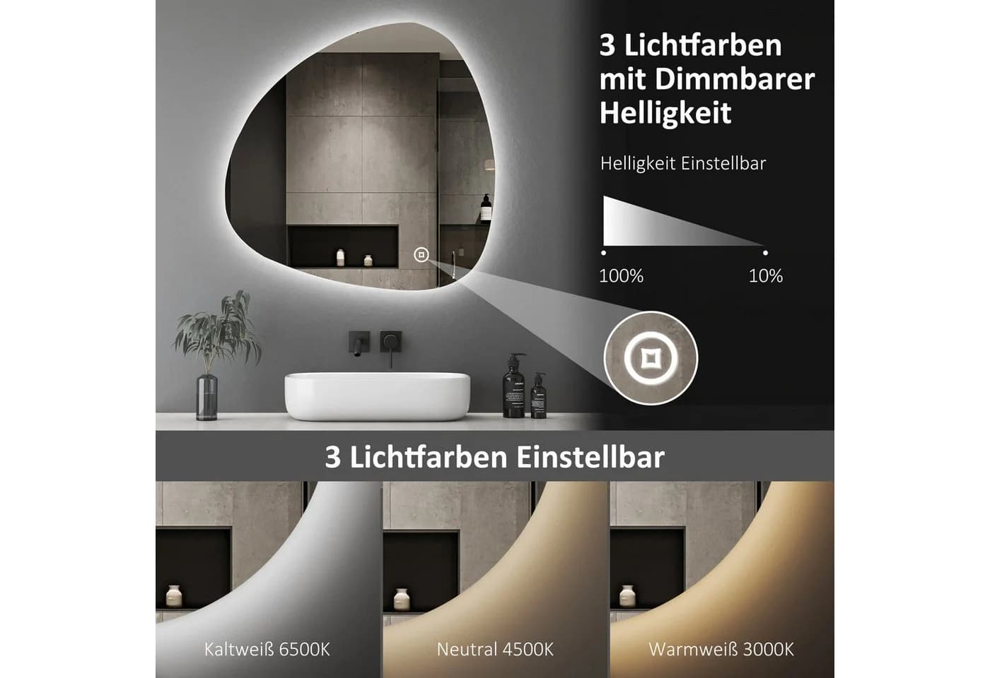 WDWRITTI LED Badspiegel 80x80cm Asymmetrisch Steinform - Bild 3