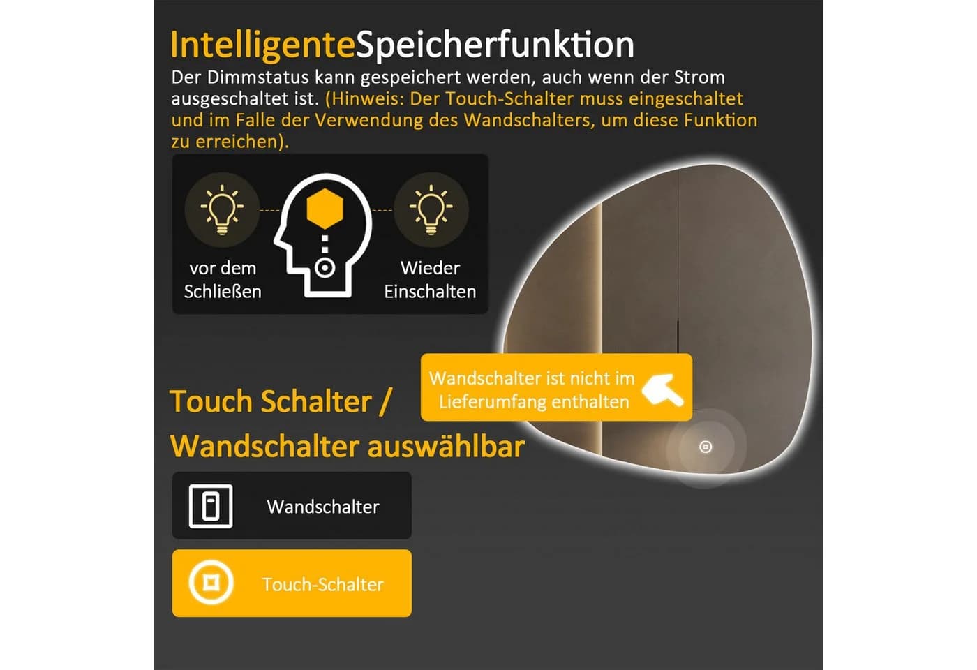 WDWRITTI LED Badspiegel 80x80cm Asymmetrisch Steinform - Bild 4