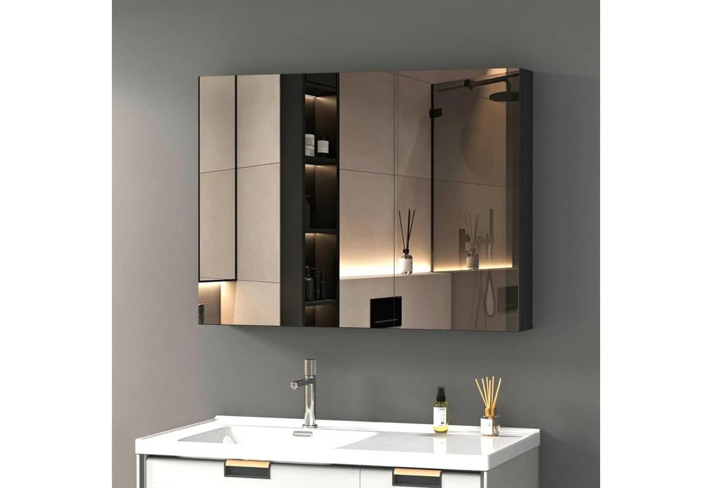WDWRITTI Aluminium Spiegelschrank Schwarz 2-türig 80x12,5x60cm - Bild 2