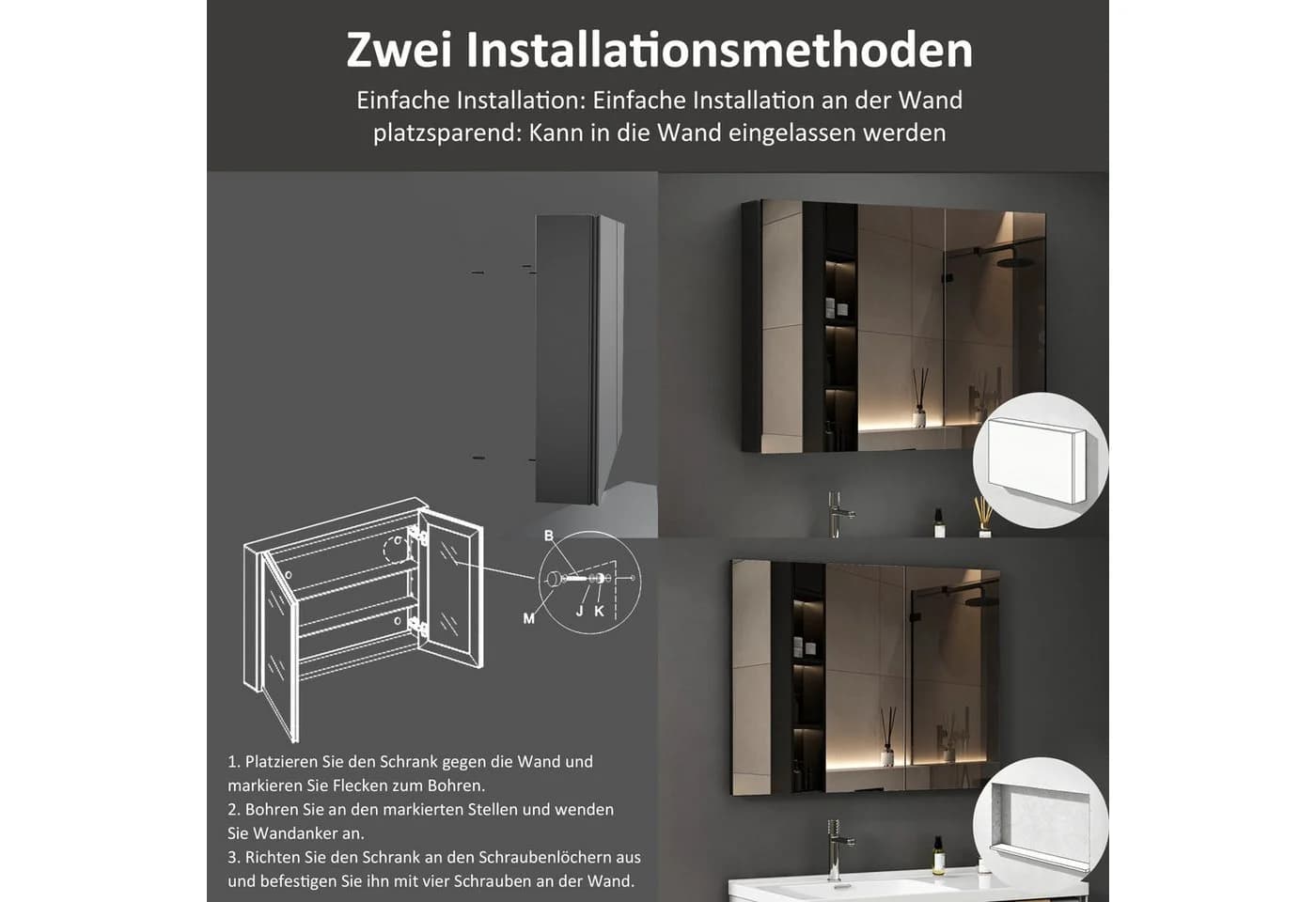 WDWRITTI Aluminium Spiegelschrank Schwarz 2-türig 80x12,5x60cm - Bild 4