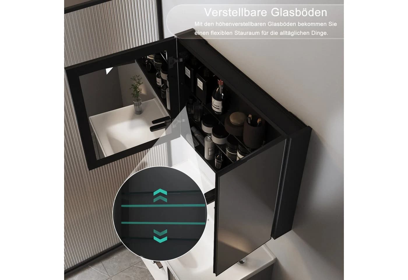 WDWRITTI Aluminium Spiegelschrank Schwarz 2-türig 80x12,5x60cm - Bild 5