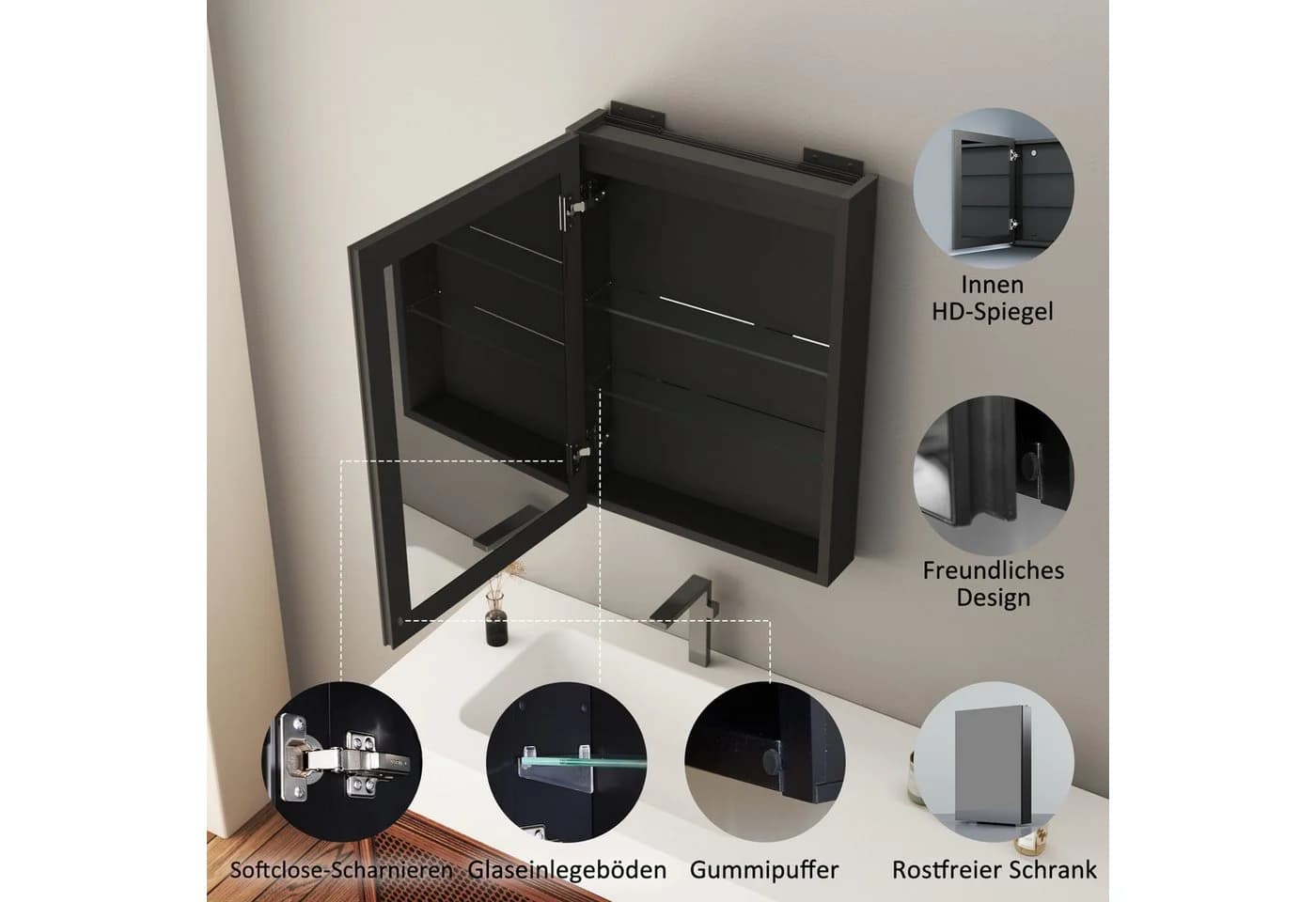 Hopibath Spiegelschrank Schwarz Aluminium Doppelseitiger Spiegel - Bild 4