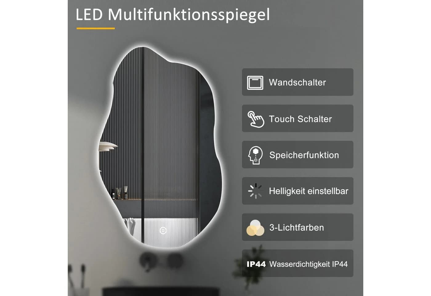 WDWRITTI LED Touch Spiegel Badspiegel 62x90cm Dreifarbiges Dimmbar