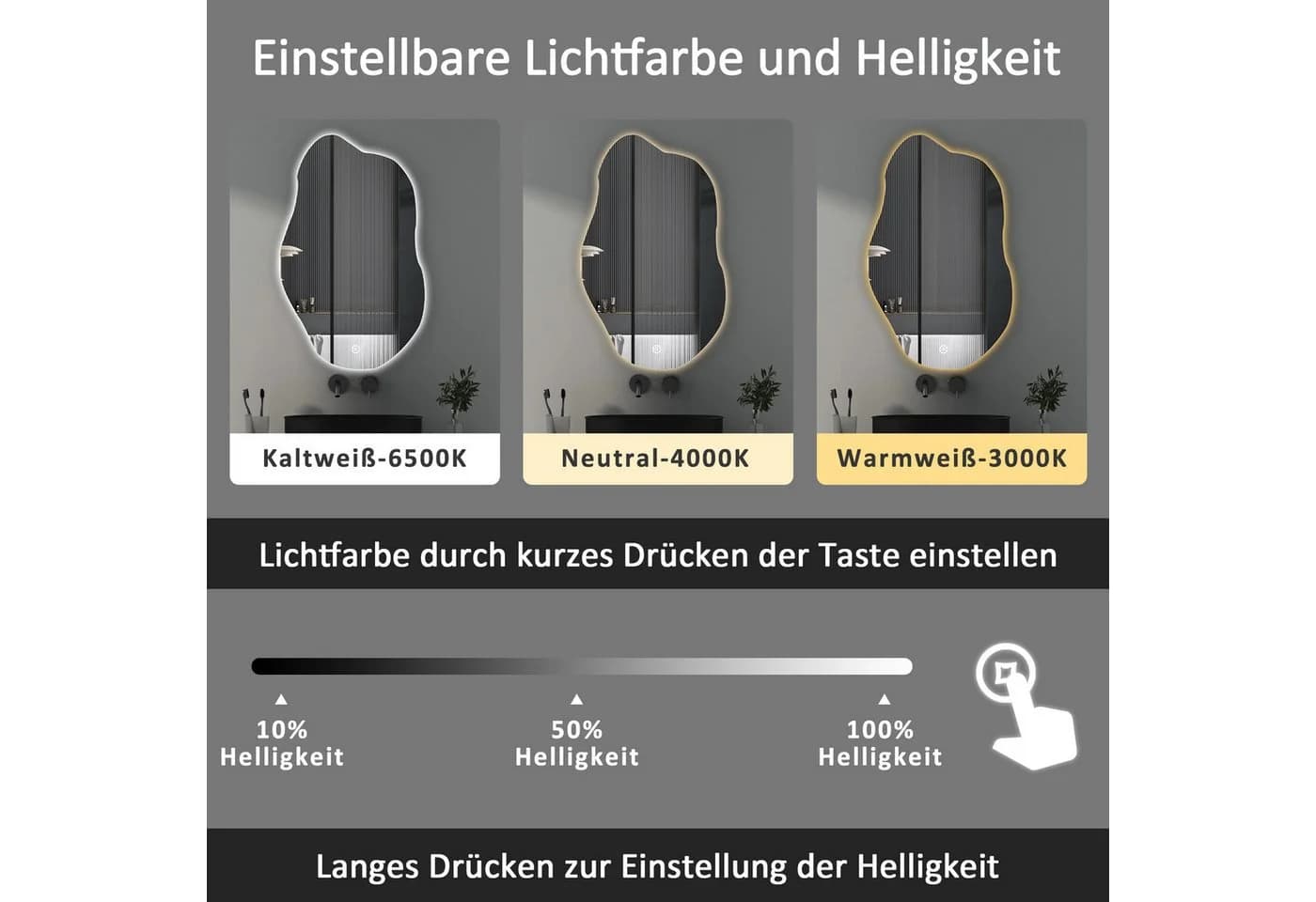 WDWRITTI LED Touch Spiegel Badspiegel 62x90cm Dreifarbiges Dimmbar - Bild 3