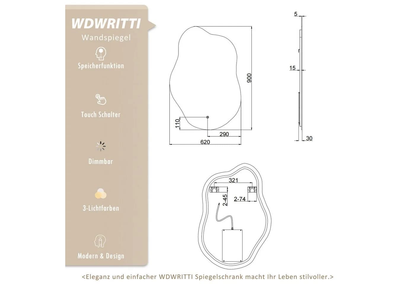 WDWRITTI LED Touch Spiegel Badspiegel 62x90cm Dreifarbiges Dimmbar - Bild 4