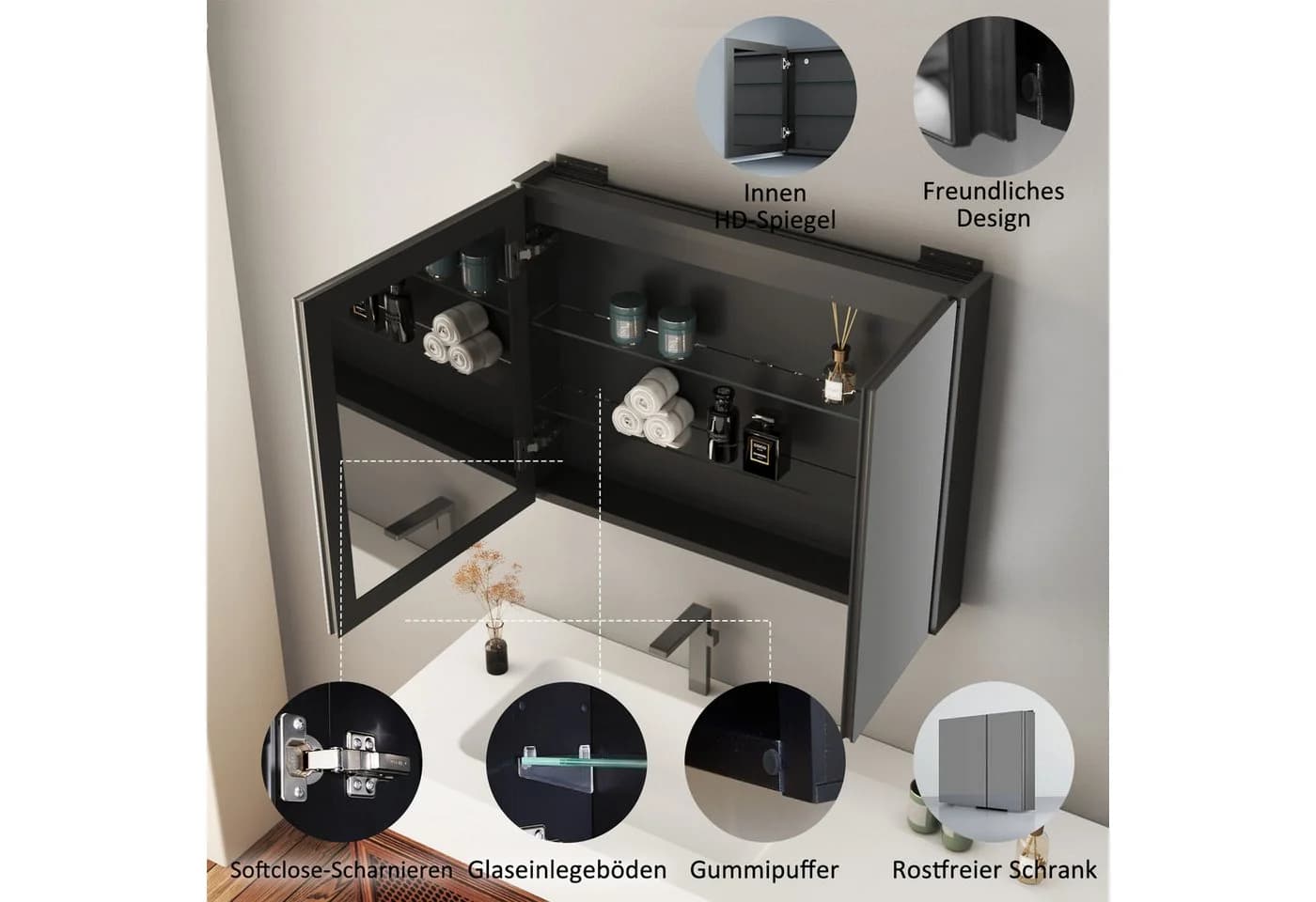Hopibath Aluminium Spiegelschrank Schwarz 2türig 80x12,5x60 cm - Bild 5