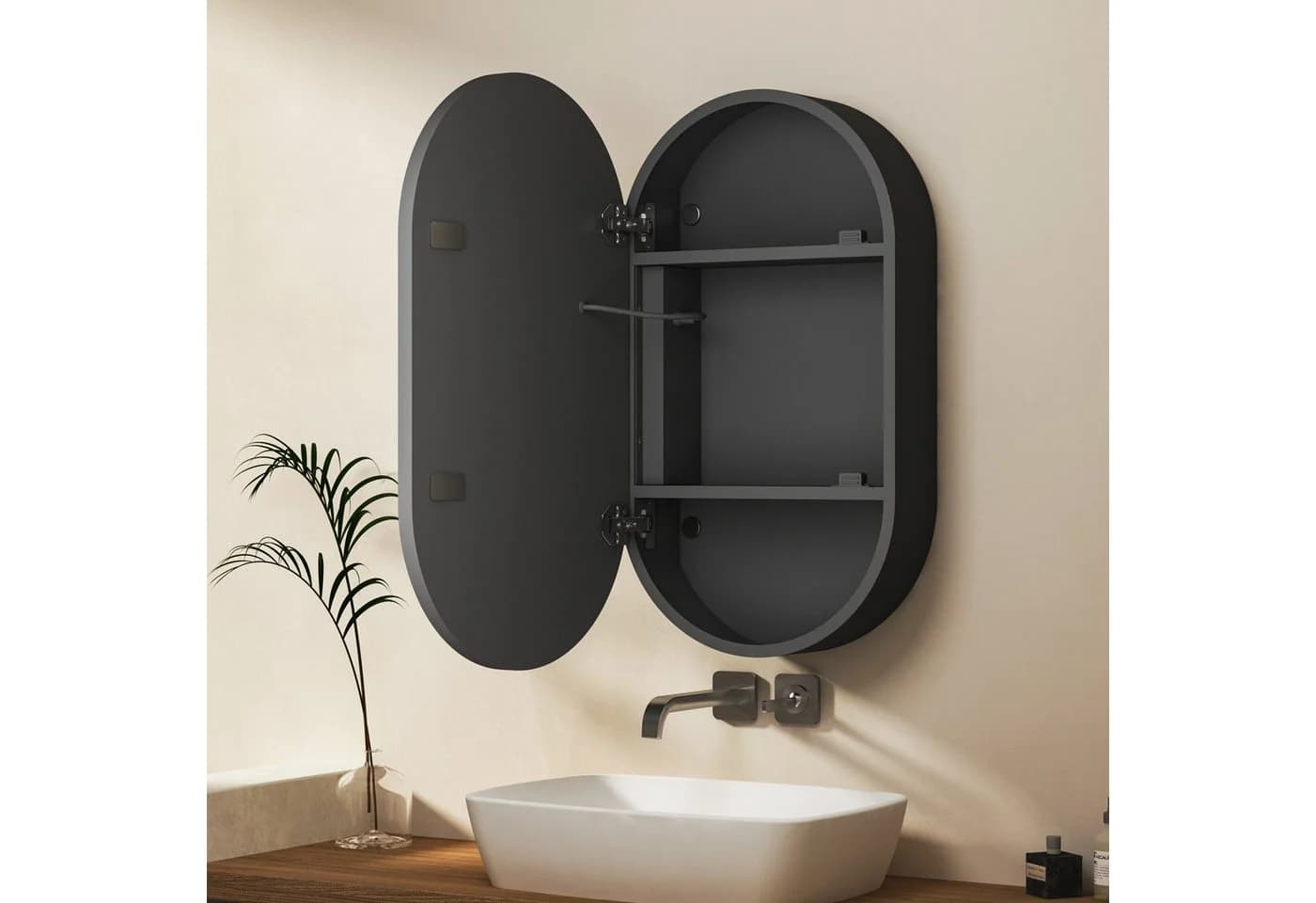 WDWRITTI Badezimmerspiegelschrank Oval LED Schwarz 40x13x70cm